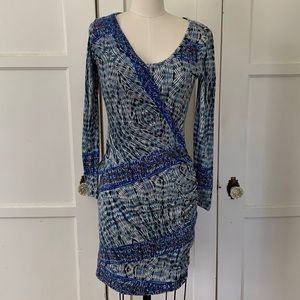 TRACY REESE Blue Abstract Pattern Jersey Faux Wrap Style Dress Sz Sm